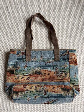 Vintage Tapestry Coastal Tote Bag | Woven Nautical Scene
